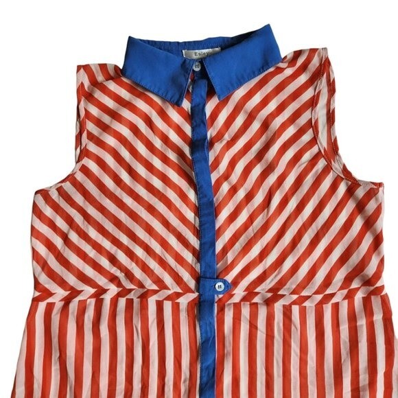 Esley blue orange white sleeveless collared button up top sz M - Picture 3 of 12